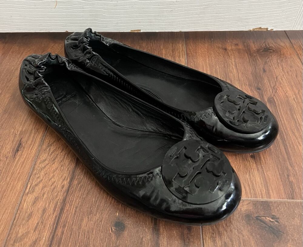 TORY BURCH Reva Black Patent Leather Classic Slip-On Ballet Flats Shoes Sz 9.5M
